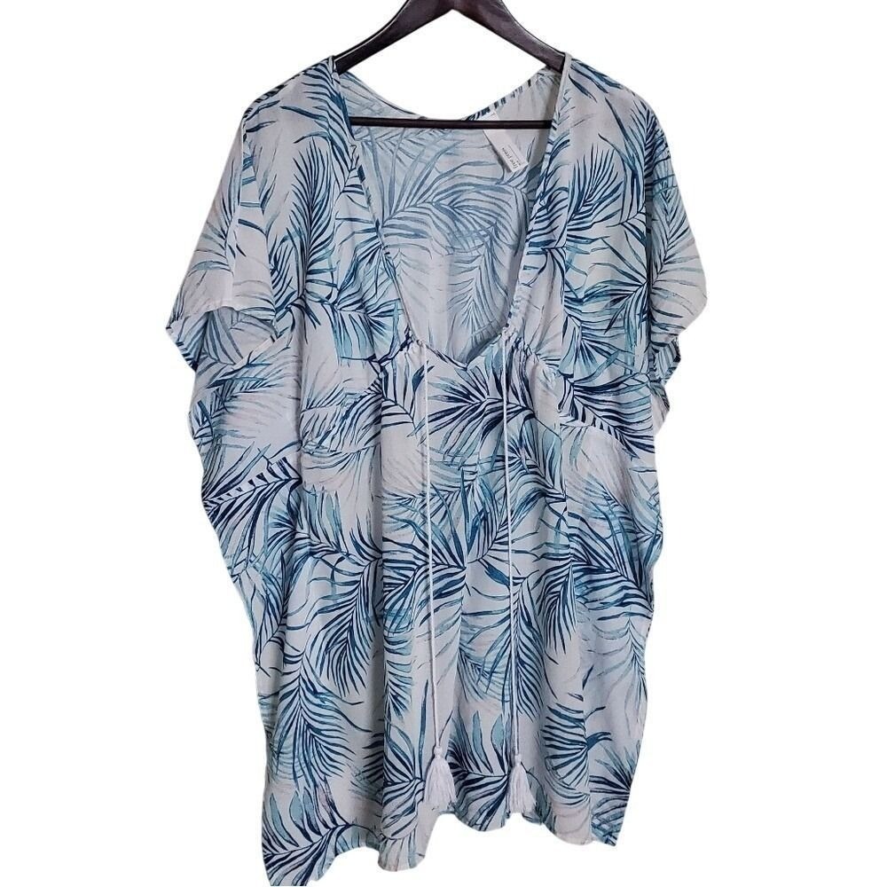 Tropical Kaftan Swim Cover Up Blue White Palm Leaf Tassel‎ Beach Resortwear S